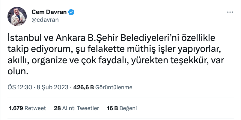 cem davran dan istanbul ve ankara belediyelerinin afet bolgelerindeki calismalarina ovgu