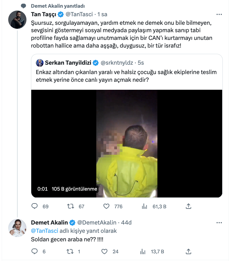 tan tasci dan kurtarma gorevlisinin enkazdan cikan cocuk ile canli yayin actigi goruntulere tepki gosterdi