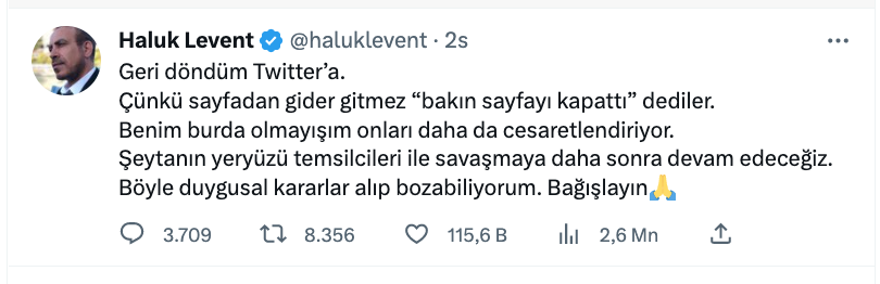 haluk levent twitter a geri dondugunu acikladi