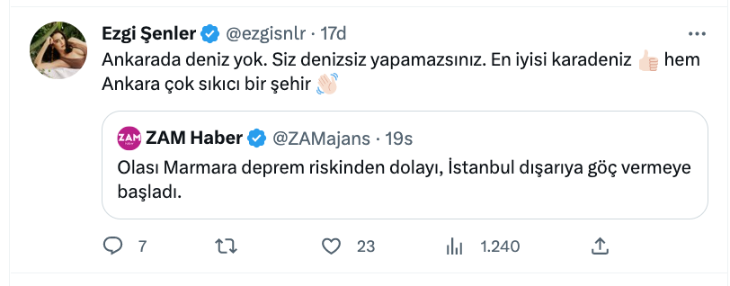 ezgi senler den istanbul disari goc veriyor haberine ilginc tepki