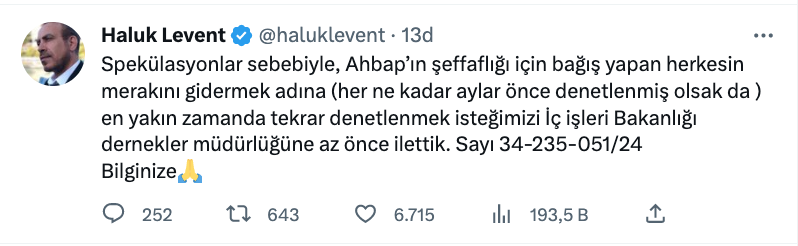 haluk levent ten AHBAP dernegi ile ilgili dikkat ceken aciklama icisleri bakanligi na basvurdu