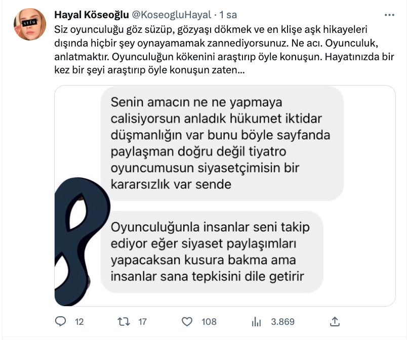 hayal koseoglu siyasi paylasimlarina tepki gösteren takipcisine yanit verdi