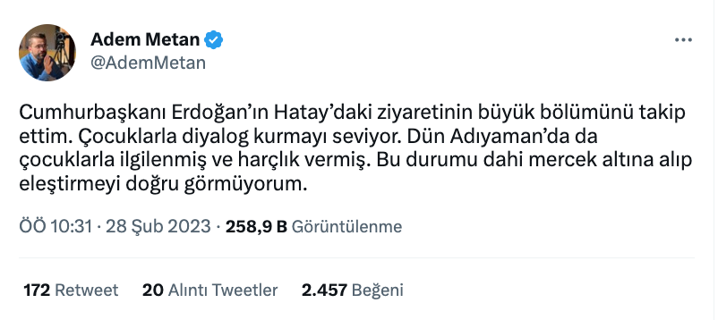 adem metan cumhurbaskani erdogan in deprem bolgesi ziyaretindeki izlenimlerini paylasti